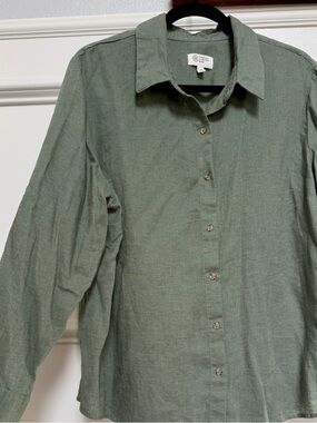 Candace Cameron Bure Olive Green Button-Front linen Women's Blouse